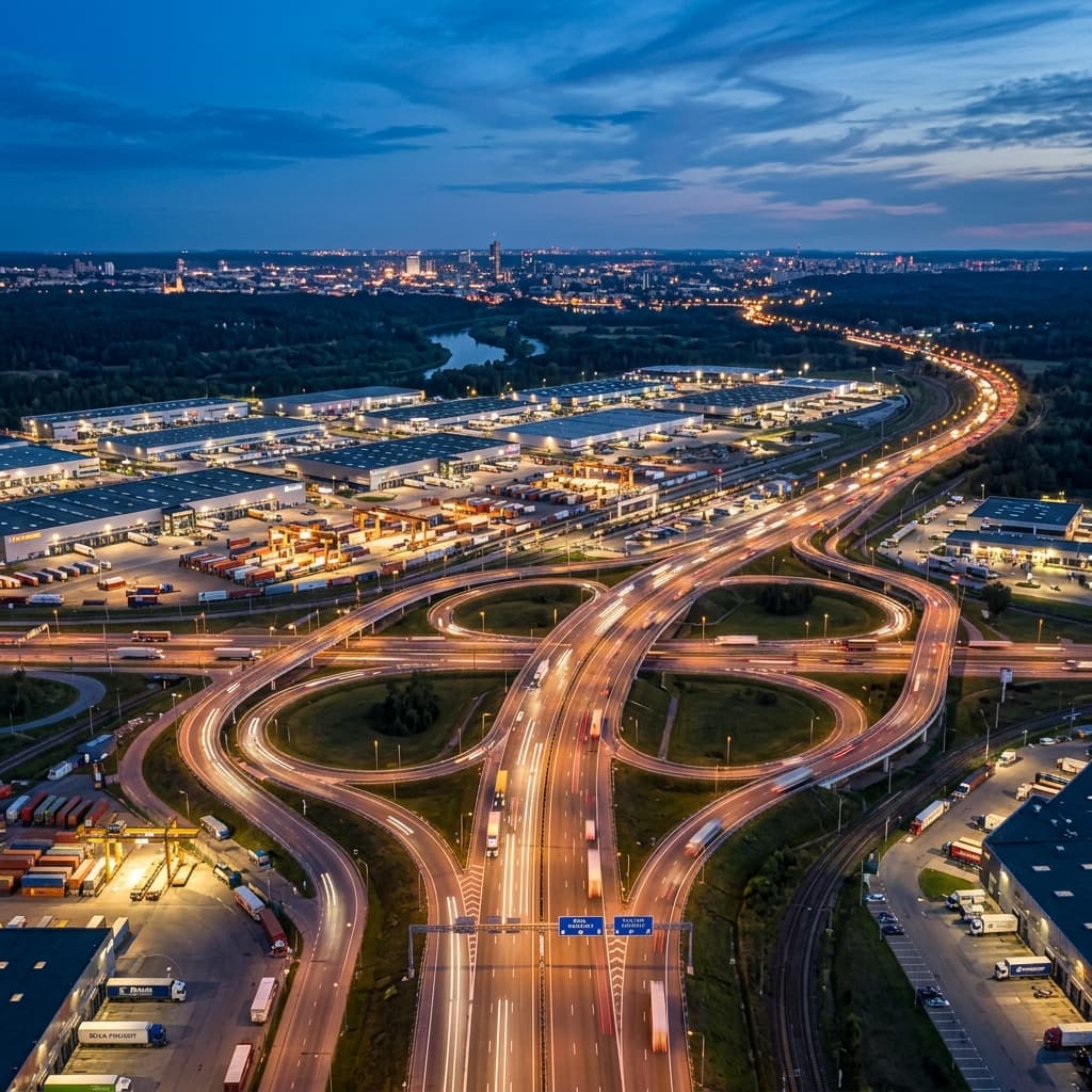 Aerial drone view of Baltic freight highway interchange connecting Riga, Kaunas, and Tallinn